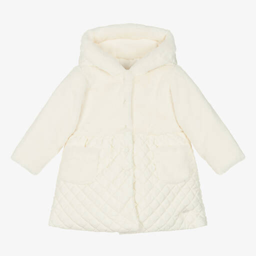 Patachou-Girls Ivory Quilted Faux Fur Coat | Childrensalon Outlet