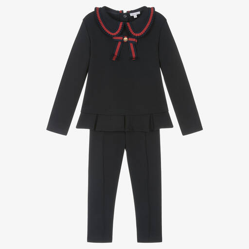 Patachou-Girls Navy Blue Cotton Bow Trouser Set | Childrensalon Outlet