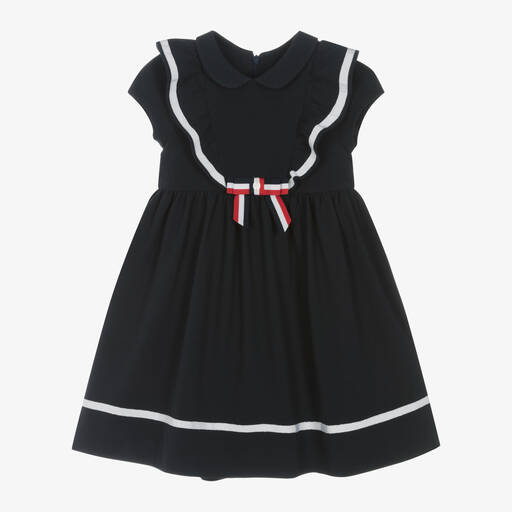 Patachou-Girls Navy Blue Cotton Ruffle & Bow Dress | Childrensalon Outlet
