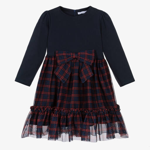 Patachou-Girls Navy Blue & Red Tartan Tulle Dress | Childrensalon Outlet