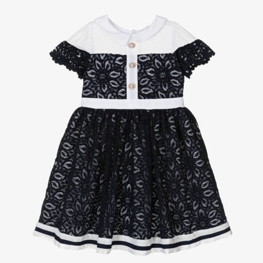 Patachou-Кремовое шифоновое платье с синей кружевной отделкой для девочек | Childrensalon Outlet
