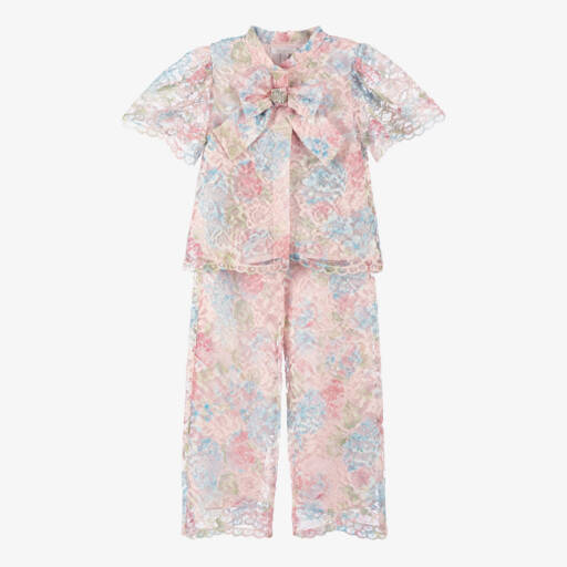 Patachou-Girls Pink & Blue Floral Lace Trouser Set | Childrensalon Outlet