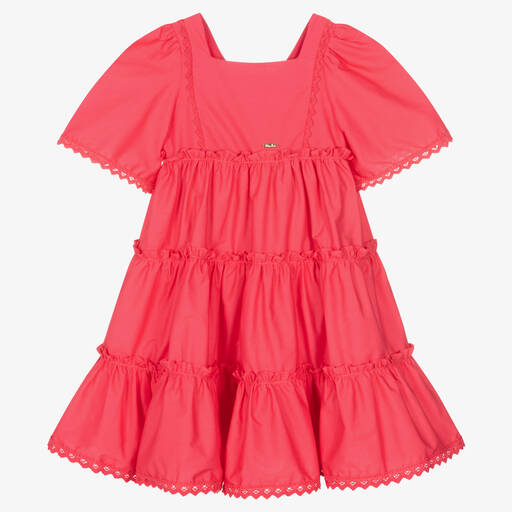 Patachou-Girls Pink Cotton Poplin Tiered Dress | Childrensalon Outlet