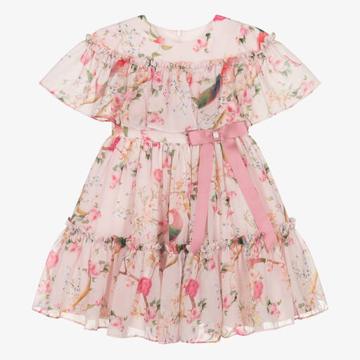 Patachou-Girls Pink Floral Birds Chiffon Dress | Childrensalon Outlet