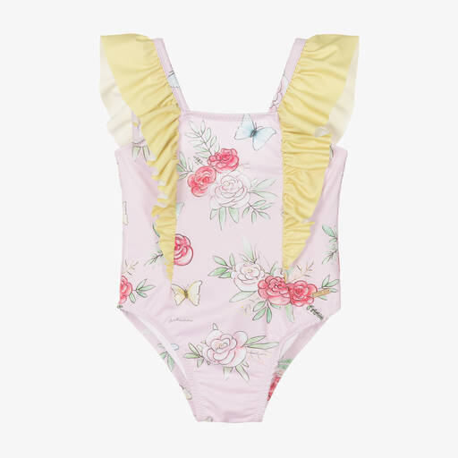 Patachou-Girls Pink Floral & Butterfly Print Swimsuit | Childrensalon Outlet