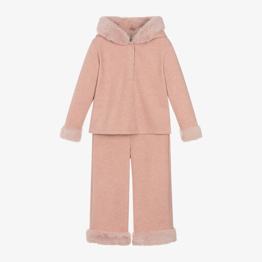 Patachou-Girls Pink Ribbed Knit & Faux Fur Tracksuit | Childrensalon Outlet