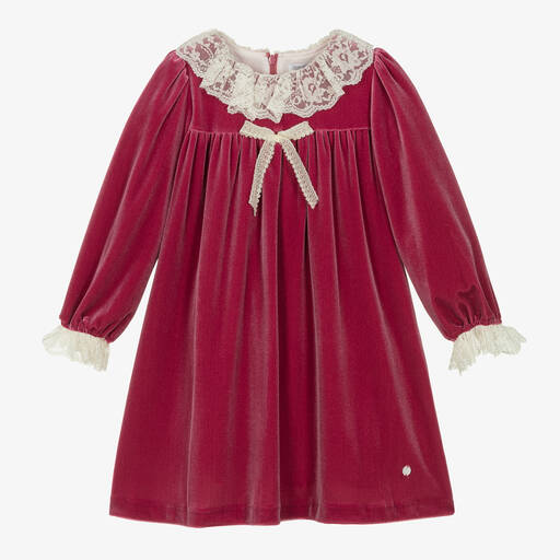 Patachou-Girls Pink Velour Lace Collar Dress | Childrensalon Outlet