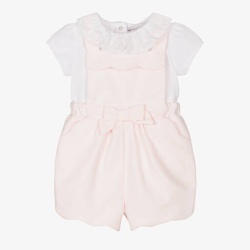 Patachou-Girls Pink & White Cotton Dungaree Set | Childrensalon Outlet