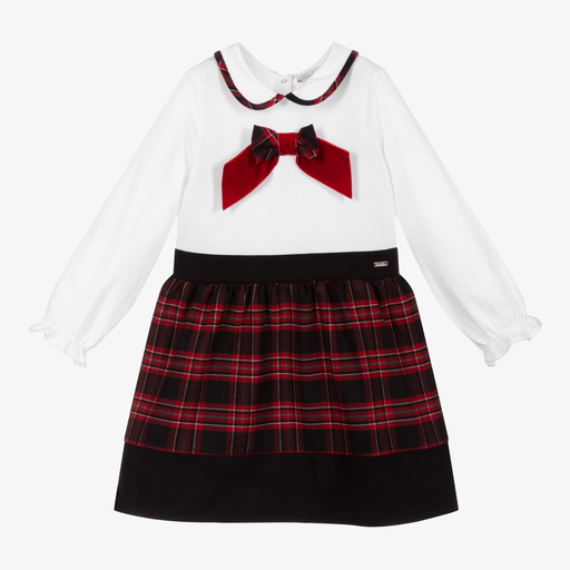 Patachou-Белое платье в красно-синюю шотландскую клетку | Childrensalon Outlet