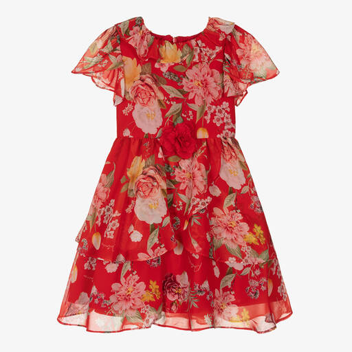 Patachou-Girls Red Floral Chiffon Dress | Childrensalon Outlet