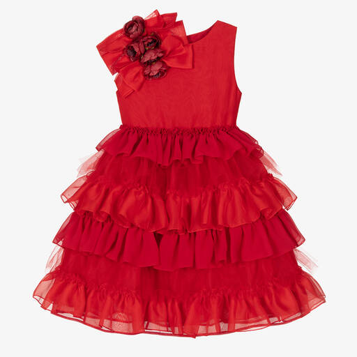 Patachou-فستان ساتان وتول مزين بكشكش لون أحمر | Childrensalon Outlet