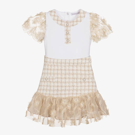 Patachou-Girls White & Beige Tweed skirt Set | Childrensalon Outlet