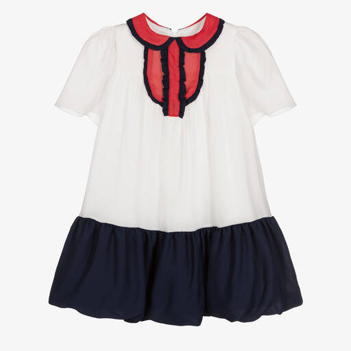 Patachou-Girls White & Blue Chiffon Dress | Childrensalon Outlet