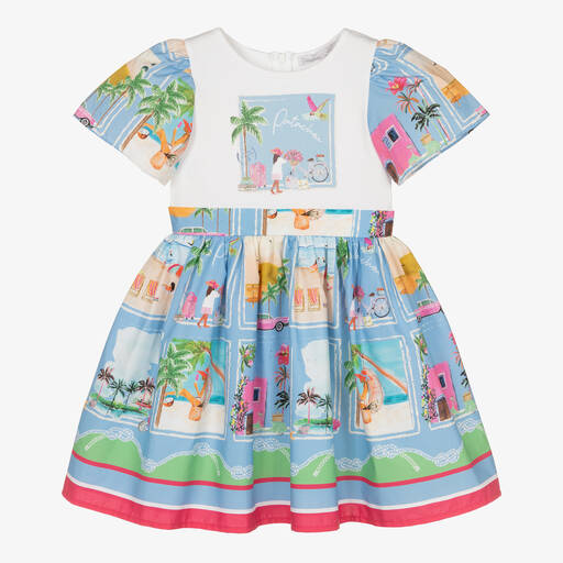 Patachou-Girls White & Blue Cotton Dress | Childrensalon Outlet