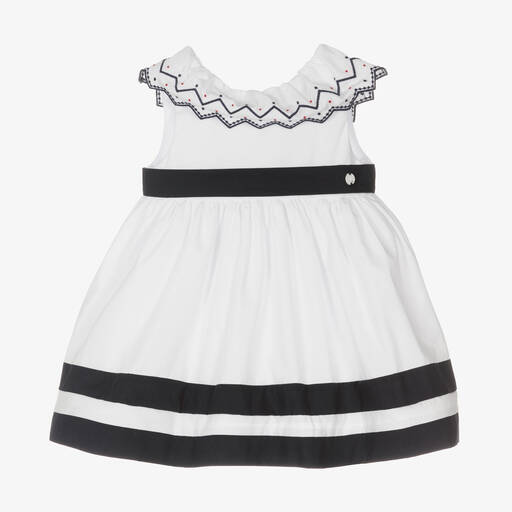 Patachou-Girls White & Blue Cotton Dress | Childrensalon Outlet