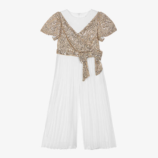 Patachou-Girls White Chiffon & Silver Sequin Jumpsuit | Childrensalon Outlet