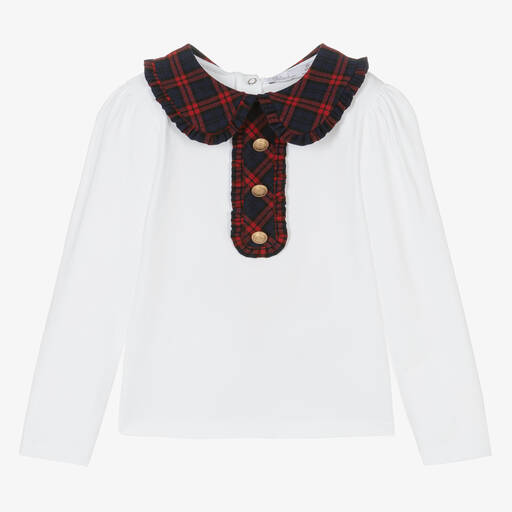 Patachou-Girls White Cotton Tartan Collar Top | Childrensalon Outlet