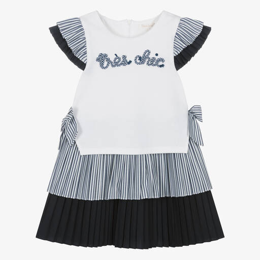 Patachou-Girls White & Navy Blue Nautical Cotton Dress | Childrensalon Outlet