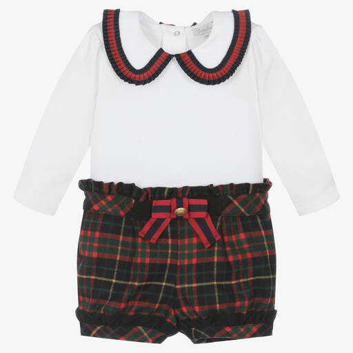 Patachou-Girls White & Red Tartan Shorts Set | Childrensalon Outlet