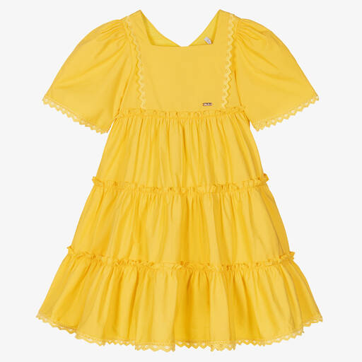 Patachou-فستان بطبقات قطن بوبلين لون أصفر | Childrensalon Outlet