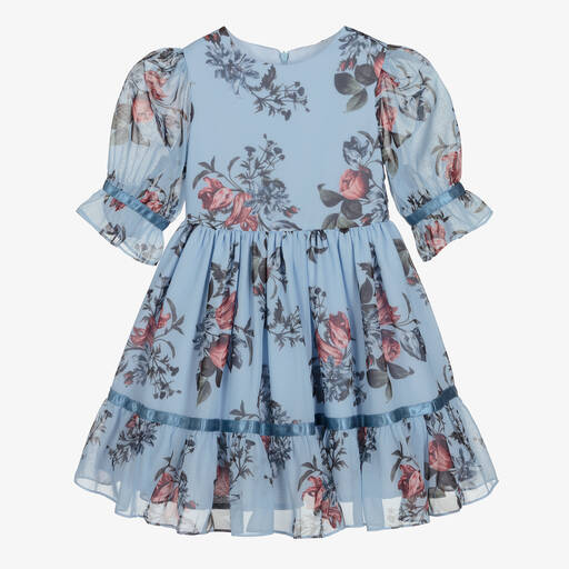 Patachou-Pale Blue Floral Chiffon Dress | Childrensalon Outlet