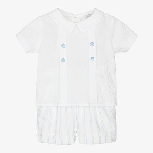 Patachou-White & Blue Stripe Cotton Baby Shorts Set | Childrensalon Outlet