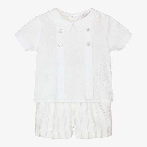 Patachou-White & Grey Stripe Cotton Baby Shorts Set | Childrensalon Outlet