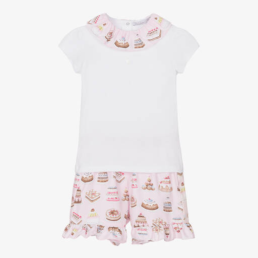 Patachou-White & Pink Cotton Shorts Set | Childrensalon Outlet