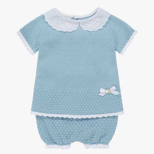 Paz Rodríguez-Baby Girls Blue Knitted Cotton Shorts Set | Childrensalon Outlet