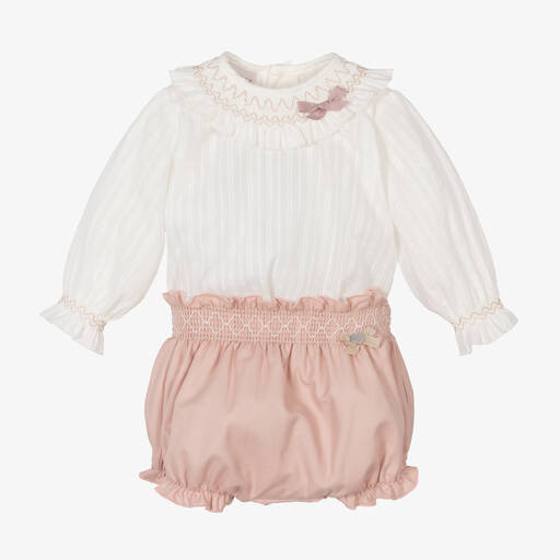 Paz Rodríguez-Baby Girls Ivory & Pink Cotton Shorts Set | Childrensalon Outlet