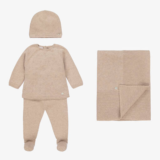 Paz Rodríguez-Beige Cotton Knit Babygrow Gift Set | Childrensalon Outlet