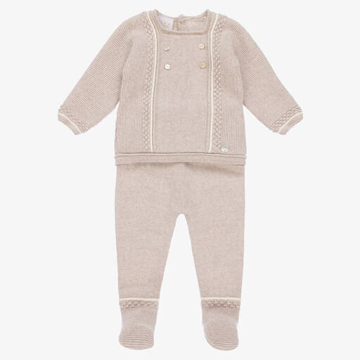 PAZ Rodríguez-Beige Knitted Wool 2 Piece Babygrow | Childrensalon Outlet