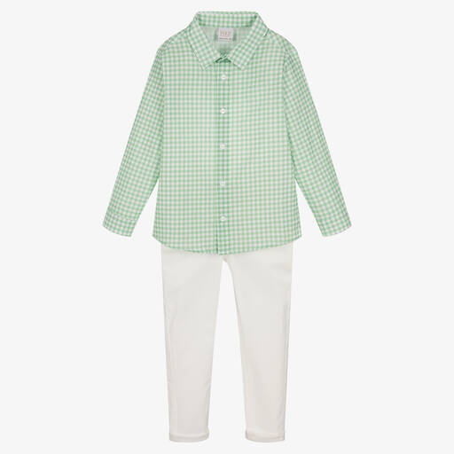 Paz Rodríguez-Boys Green & White Cotton Trouser Set | Childrensalon Outlet