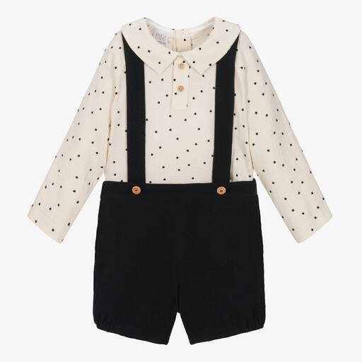 Paz Rodríguez-Boys Ivory & Black Cotton Dungaree Set | Childrensalon Outlet