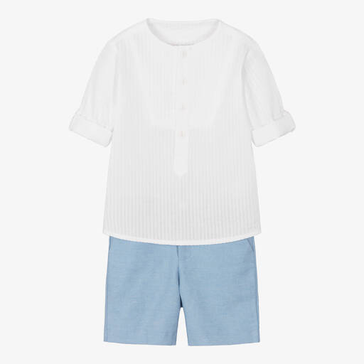 Paz Rodríguez-Boys White & Blue Cotton Shorts Set | Childrensalon Outlet