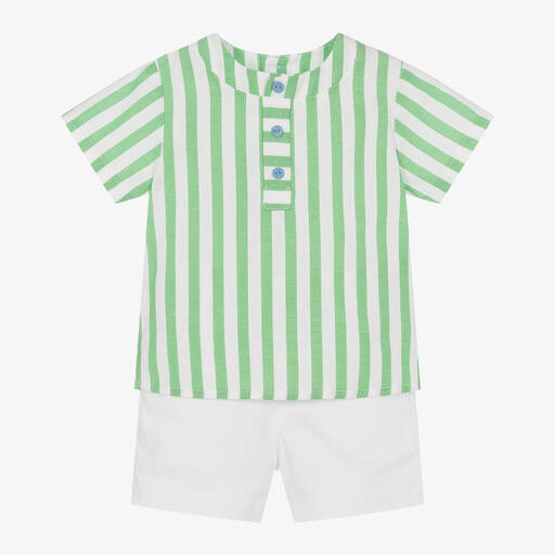 PAZ Rodríguez-Boys White & Green Stripe Cotton Shorts Set | Childrensalon Outlet