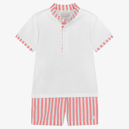 Paz Rodríguez-Boys White & Red Stripe Cotton Shorts Set | Childrensalon Outlet