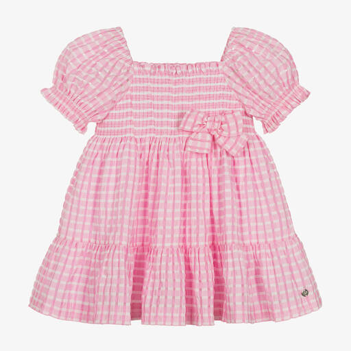 PAZ Rodríguez-Girls Pink Shirred Gingham Seersucker Dress | Childrensalon Outlet