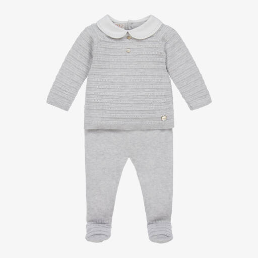 PAZ Rodríguez-Grey Knitted Cotton 2 Piece Babygrow | Childrensalon Outlet