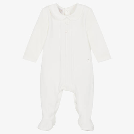 Paz Rodríguez-Ivory Velour Collared Babygrow  | Childrensalon Outlet