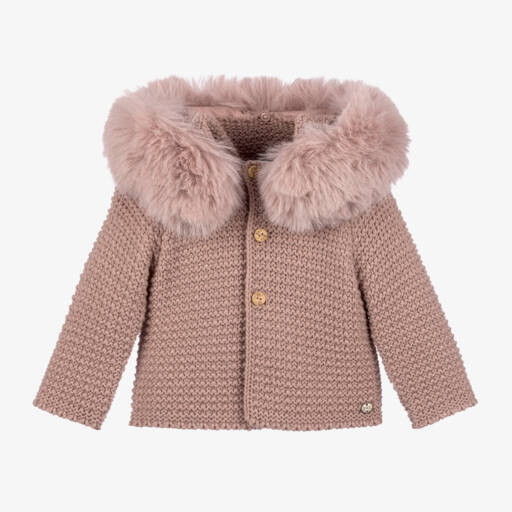PAZ Rodríguez-Pink Knitted Jacket with Faux Fur Collar | Childrensalon Outlet