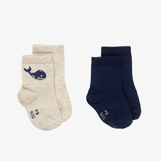 Petit Bateau-Beige & Blue Cotton Whale Socks (2 Pack) | Childrensalon Outlet