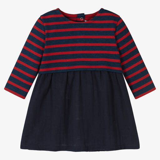 Petit Bateau-Blue & Red Stripe Cotton Dress | Childrensalon Outlet