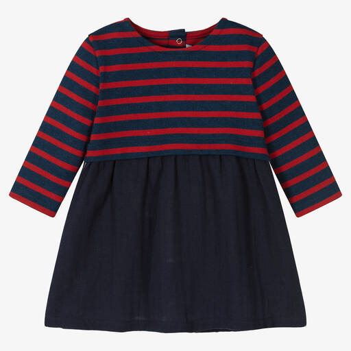Petit Bateau-Синее хлопковое платье в красную полоску | Childrensalon Outlet