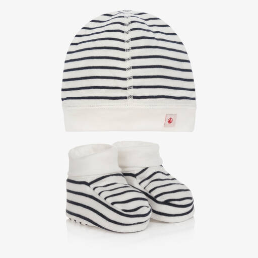 Petit Bateau-Blue & White Striped Hat & Bootie Set | Childrensalon Outlet