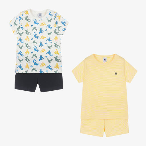 Petit Bateau-بيجاما قطن عضوي لون أصفر وكحلي وأبيض (عدد 2) | Childrensalon Outlet