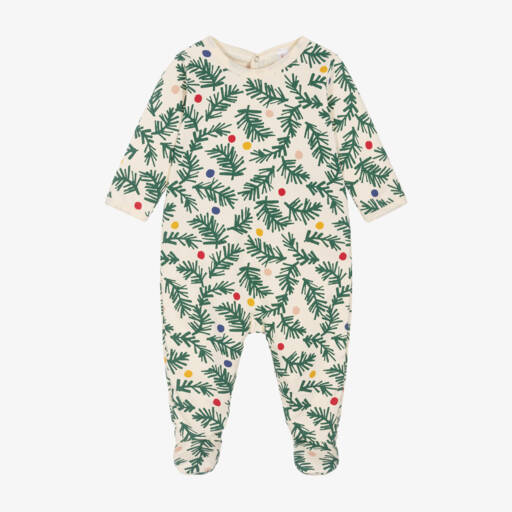 Petit Bateau-Boys Beige & Green Christmas Babygrow | Childrensalon Outlet