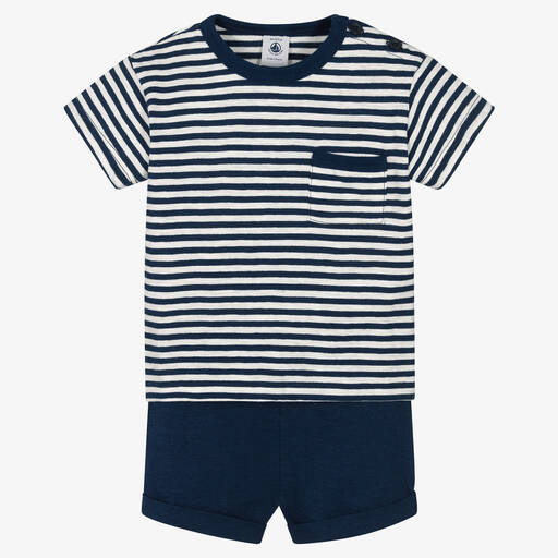 Petit Bateau-Boys Blue Breton Striped Shorts Set | Childrensalon Outlet