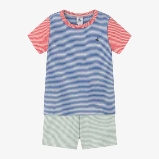 Petit Bateau-بيجاما شورت مقلمة قطن جيرسي لون أزرق للأولاد | Childrensalon Outlet