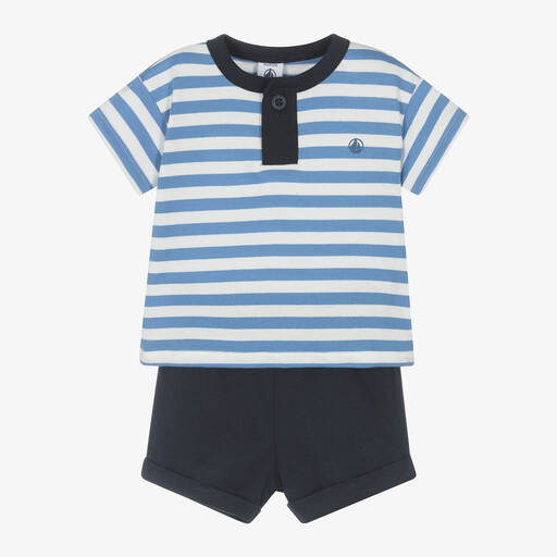 Petit Bateau-طقم شورت أطفال ولادي قطن مقلم لون أزرق وأبيض | Childrensalon Outlet